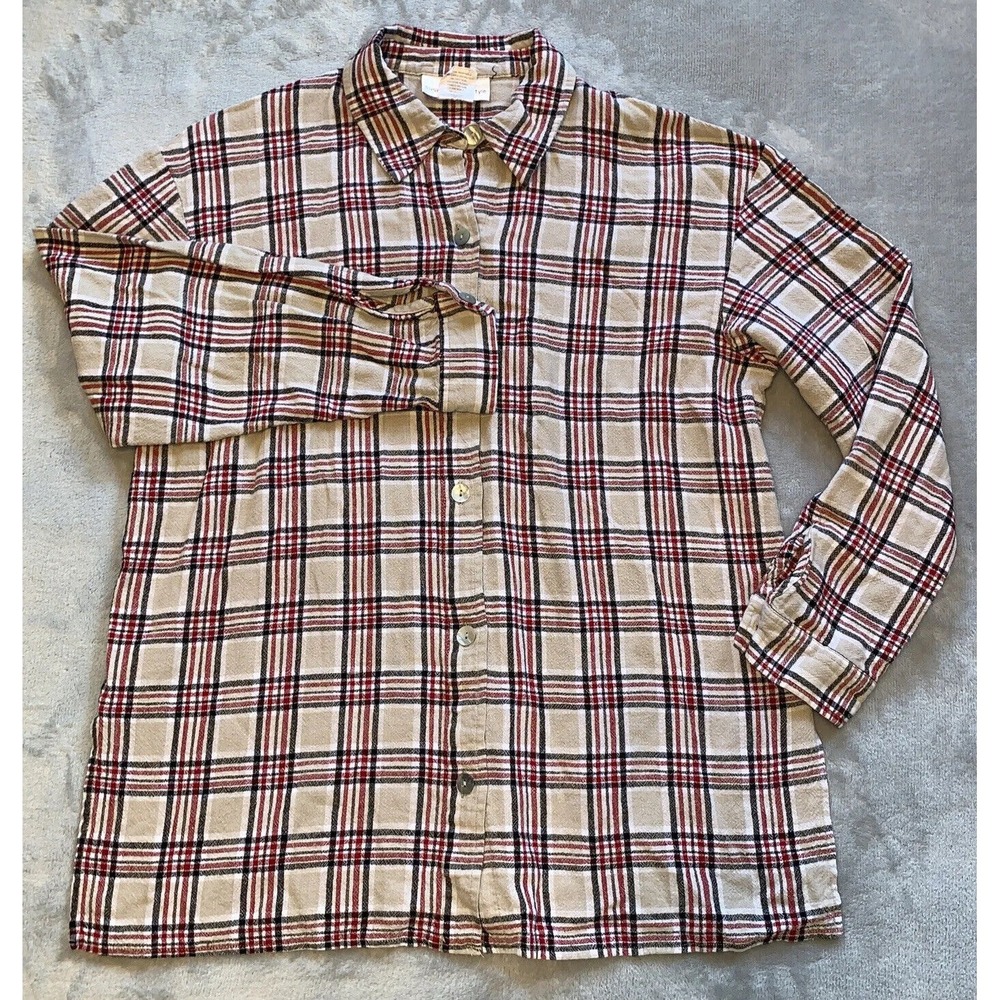 Plaid Linen Blend Button Up Top Women's Size L Tan Red Long‎ Sleeve Susan Graver